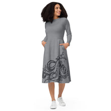 Load image into Gallery viewer, Polar Blue Octopus on Stone Gray - APO Long Sleeve Midi Dress
