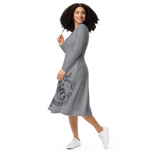 Load image into Gallery viewer, Polar Blue Octopus on Stone Gray - APO Long Sleeve Midi Dress
