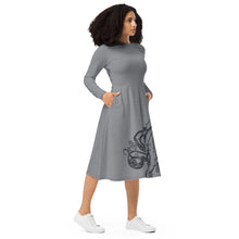 Load image into Gallery viewer, Polar Blue Octopus on Stone Gray - APO Long Sleeve Midi Dress
